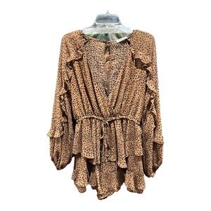 VESTIQUE ROMPER LONG SLEEVE, RUFFLE, FLOWY BROWN WITH CHEETAH PRINT - MEDIUM